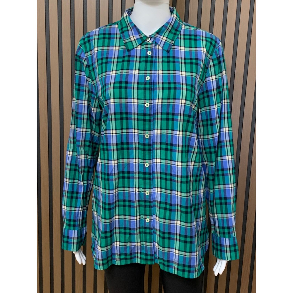 Talbots Women's Green Blue Plaid 100% Cotton Button Shirt L Long Sleeve Classic